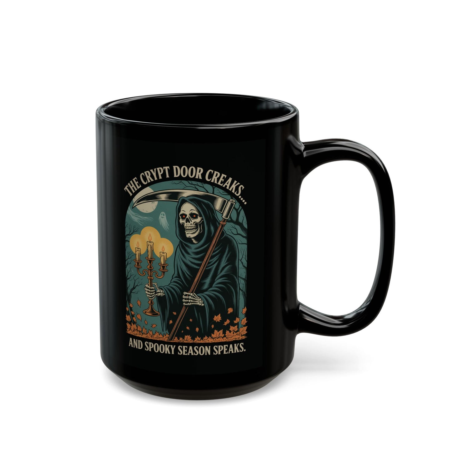 Vintage Grim Reaper Halloween mug with gothic woodcut skeleton reaper, glowing candles, eerie forest sky, and spooky crescent moon design.