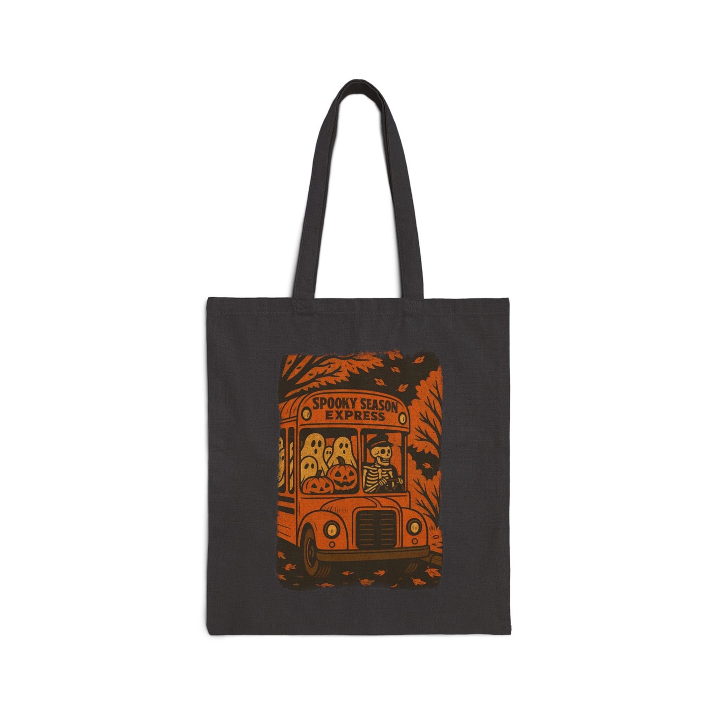 Vintage Halloween skeleton bus tote bag with spooky season express design, ghosts, pumpkins, and retro orange school bus illustration by SkeletonWear Apparel