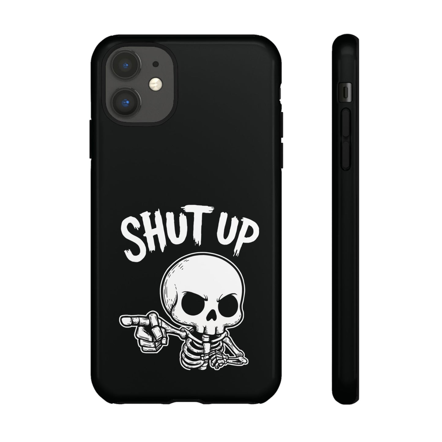 Glossy phone case with dark skeleton pointing and “Shut Up” text, fits iPhone & Samsung models – SkeletonWear Apparel gothic design