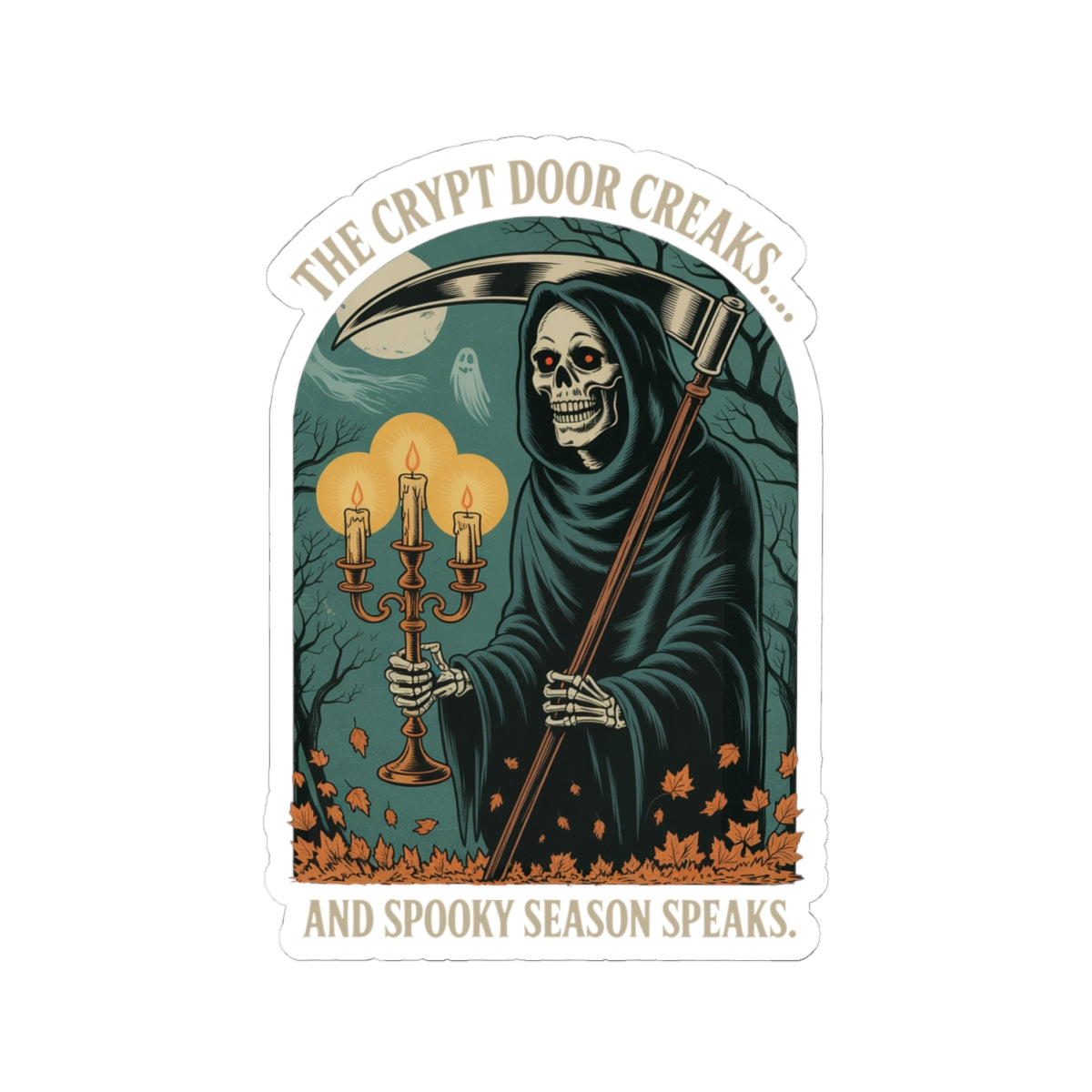 Vintage Grim Reaper Halloween sticker with gothic woodcut skeleton reaper, glowing candles, eerie forest, and spooky crescent moon illustration.