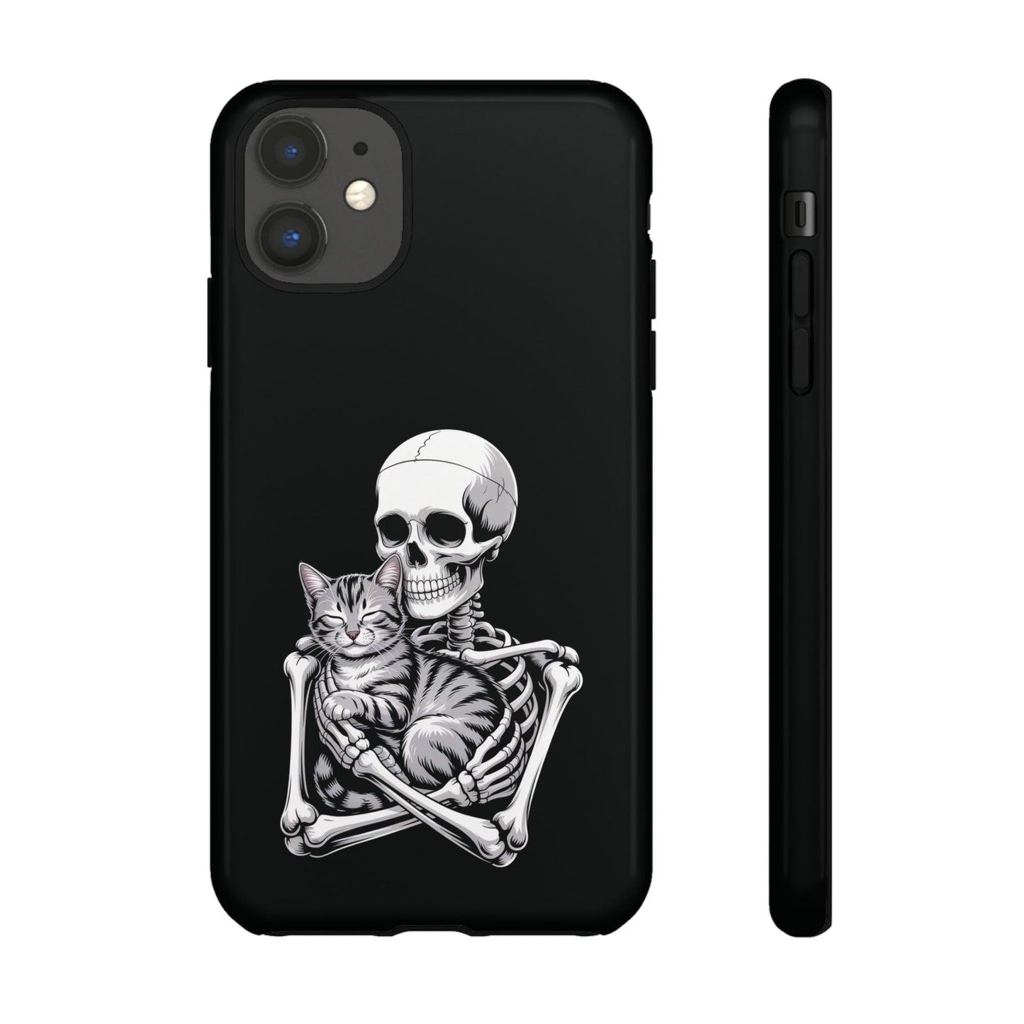 Skeleton embracing gray tabby cat artwork on gothic phone case – SkeletonWear Apparel