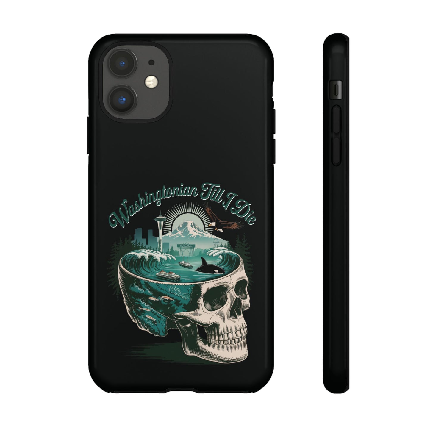 Washington Till I Die phone case with skull, Space Needle, Orca, eagle, ferry, and mountains by SkeletonWear Apparel