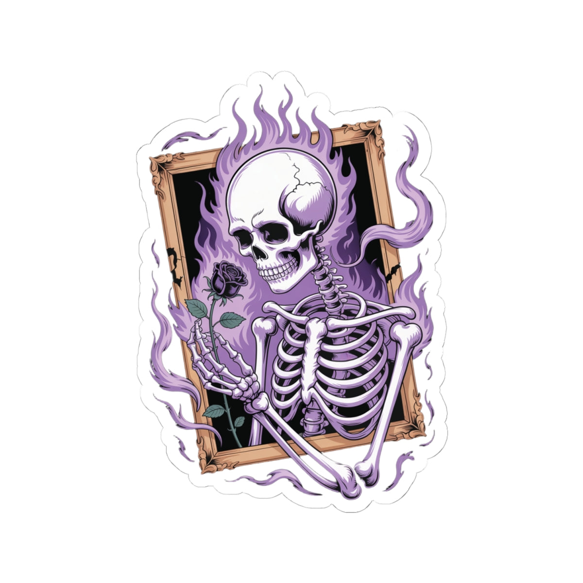 Gothic skeleton sticker with violet flames and black rose