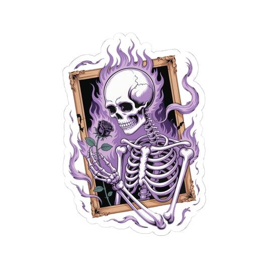 Gothic skeleton sticker with violet flames and black rose