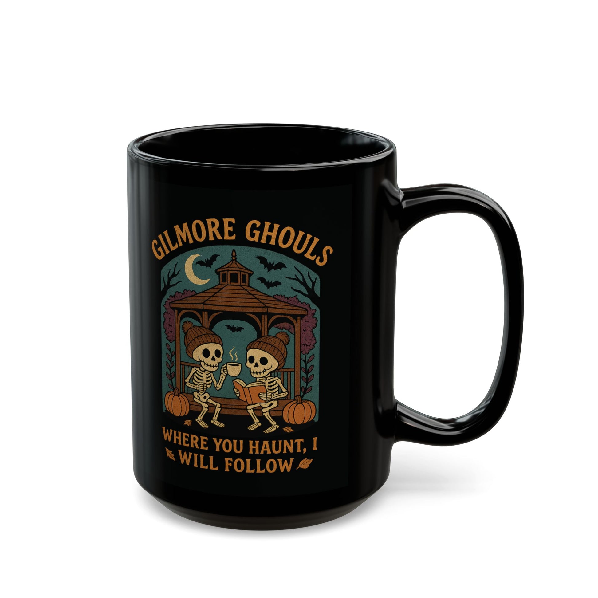 Gilmore Ghouls skeleton mug design by SkeletonWear Apparel, spooky gazebo scene with skeletons drinking coffee and reading book