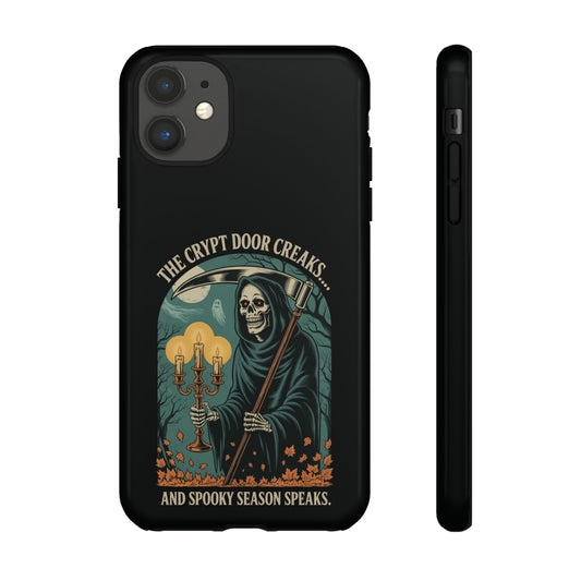 Vintage Grim Reaper Halloween phone case with gothic woodcut skeleton reaper, glowing candles, eerie forest, and spooky crescent moon design.