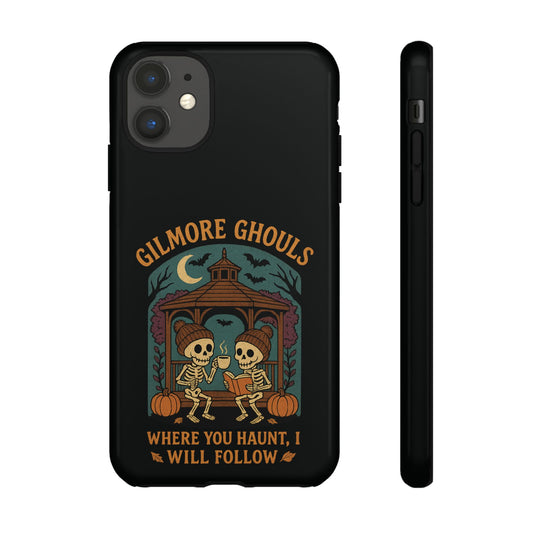 Gilmore Ghouls skeleton phone case by SkeletonWear Apparel, glossy Halloween design with skeletons, pumpkins, bats, and gazebo scene