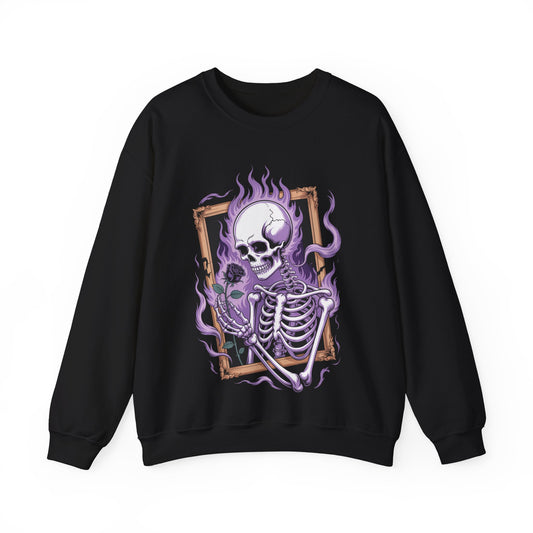 Dark fantasy skeleton sweatshirt with violet flames and black rose