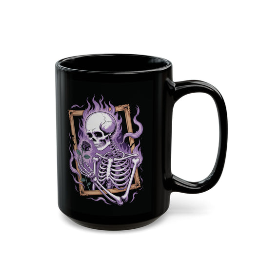 Gothic skeleton mug with violet flames and black rose