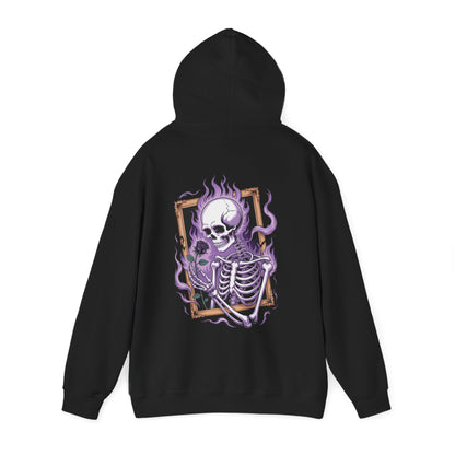 Dark fantasy skeleton hoodie with violet flames and black rose