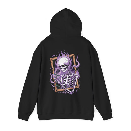 Dark fantasy skeleton hoodie with violet flames and black rose