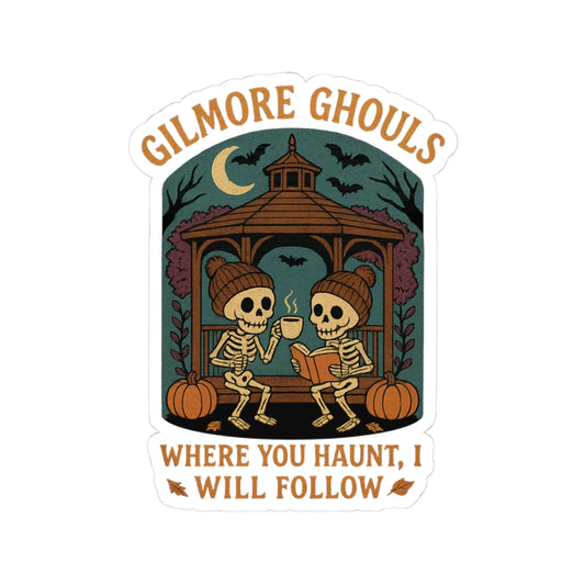 Gilmore Ghouls skeleton sticker by SkeletonWear Apparel, spooky gazebo scene with skeletons drinking coffee and reading book