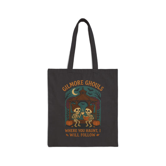 Gilmore Ghouls skeleton tote bag with pumpkins, gazebo, coffee, and spooky autumn goth design by SkeletonWear Apparel