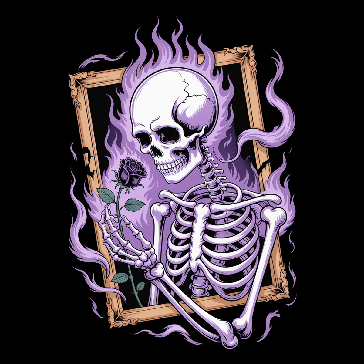 Dark fantasy skeleton t-shirt with violet flames and black rose