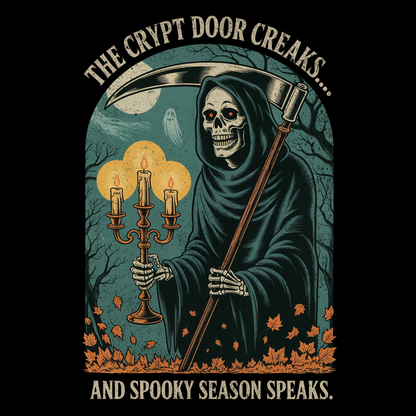 Vintage-style Grim Reaper Halloween shirt design with gothic woodcut illustration, glowing candles, spooky moonlit forest, and creepy skeleton reaper.