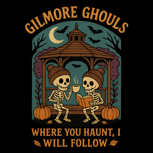 Gilmore Ghouls skeleton shirt with spooky gazebo, pumpkins, coffee, and autumn goth design by SkeletonWear Apparel