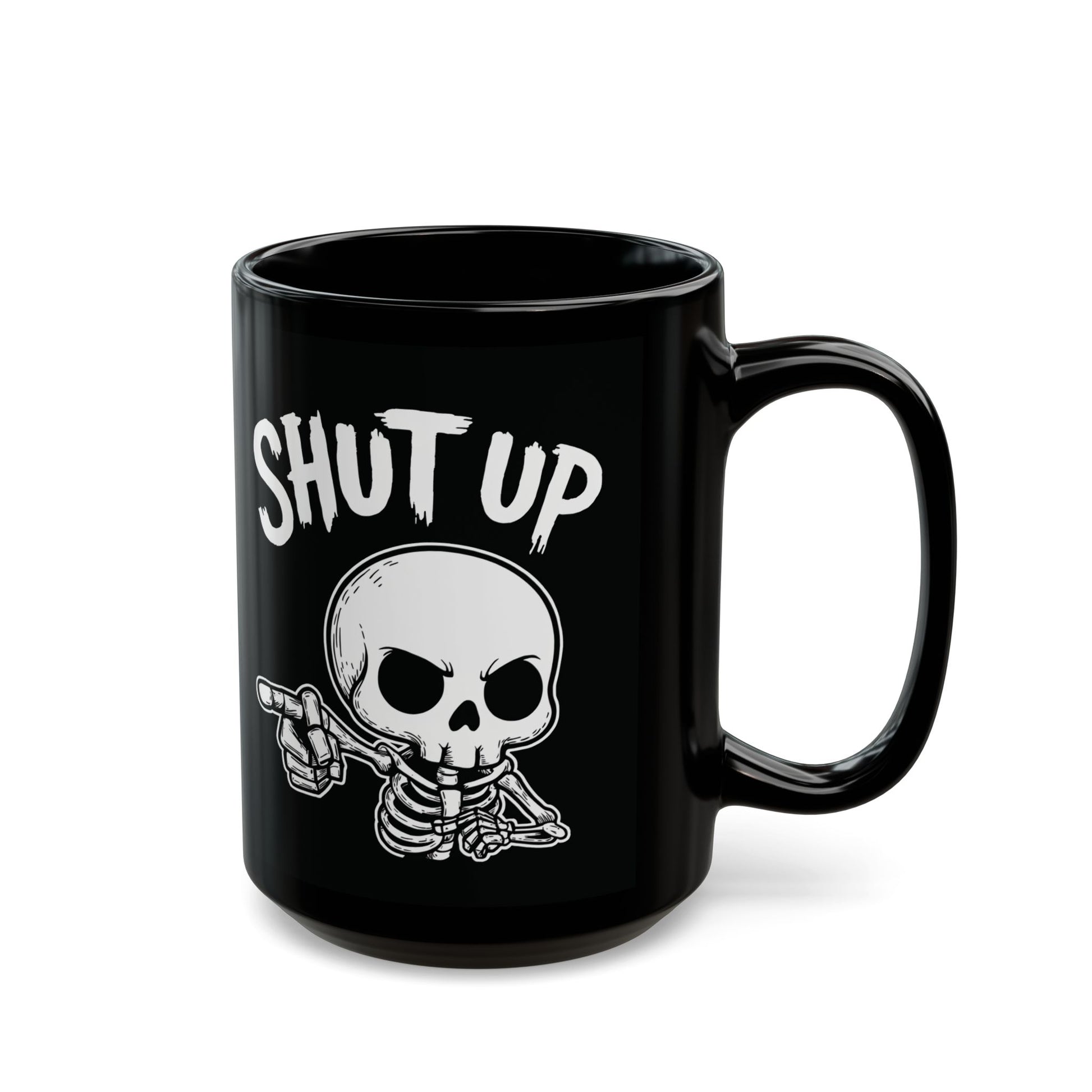Dark gothic skeleton mug with furious skull pointing and “Shut Up” text – SkeletonWear Apparel spooky drinkware gift