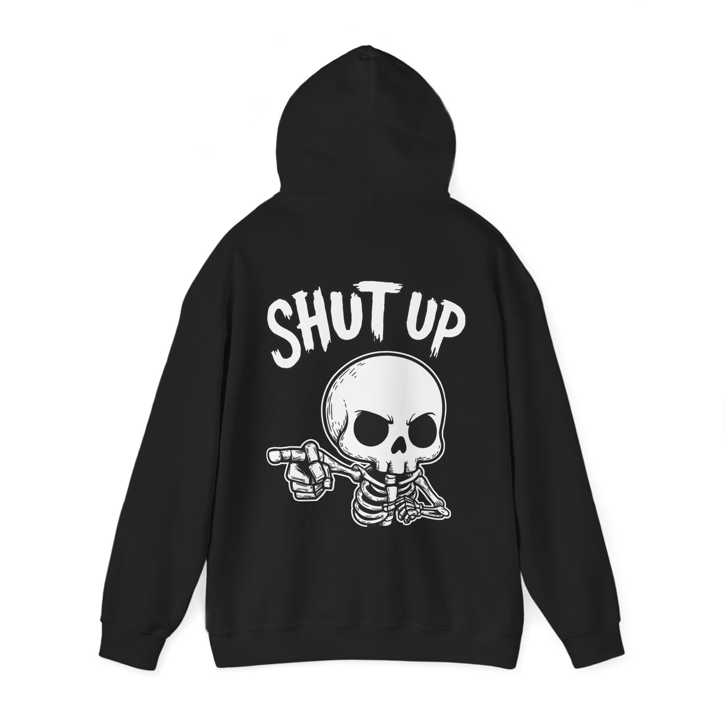 Dark gothic skeleton hoodie with furious skull pointing and “Shut Up” text – SkeletonWear Apparel spooky streetwear