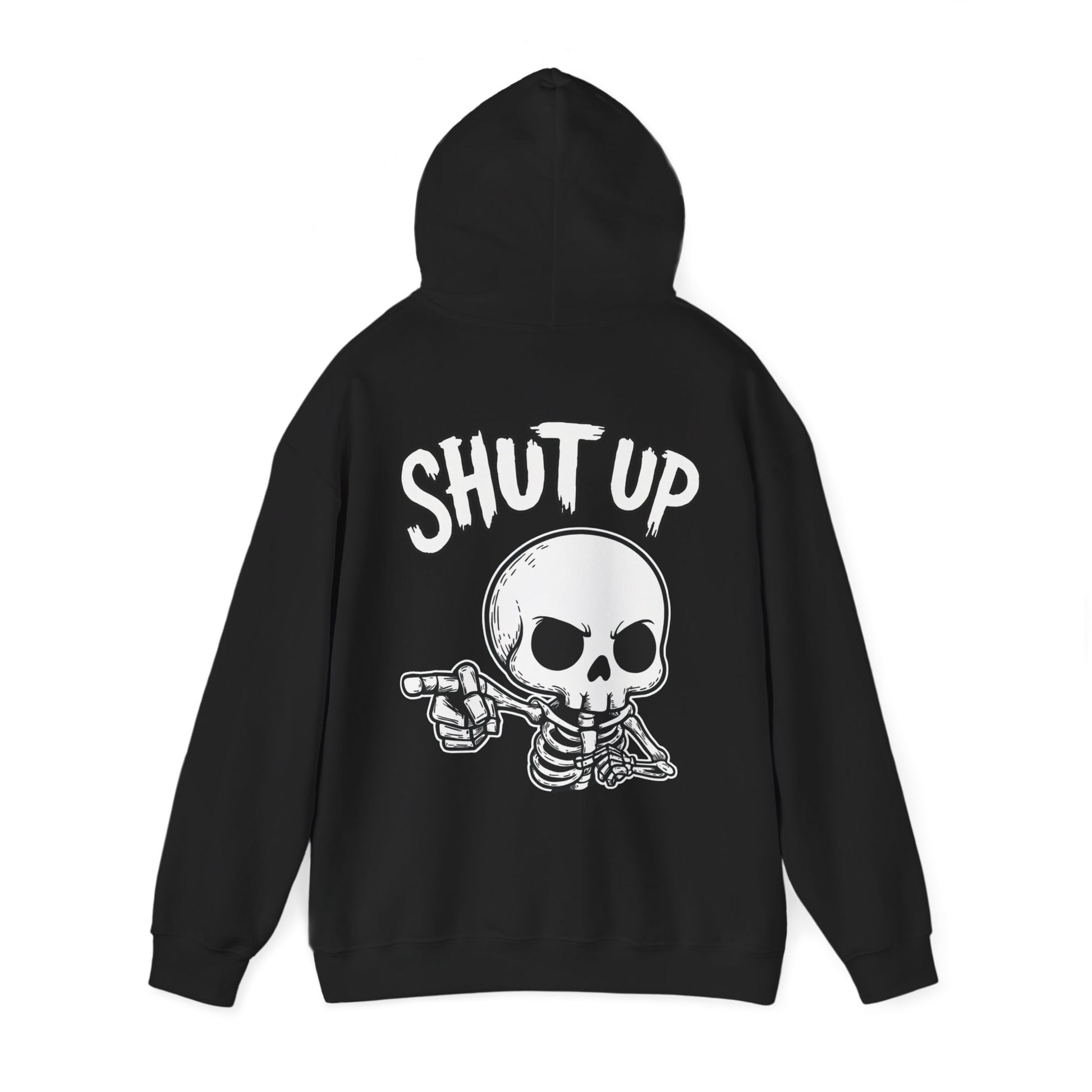 Dark gothic skeleton hoodie with furious skull pointing and “Shut Up” text – SkeletonWear Apparel spooky streetwear