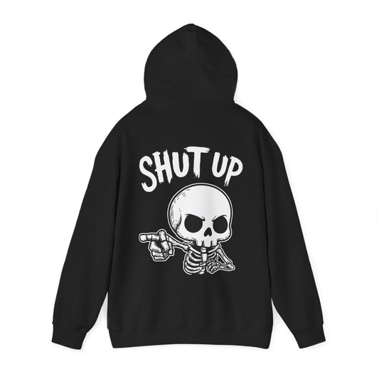 Dark gothic skeleton hoodie with furious skull pointing and “Shut Up” text – SkeletonWear Apparel spooky streetwear