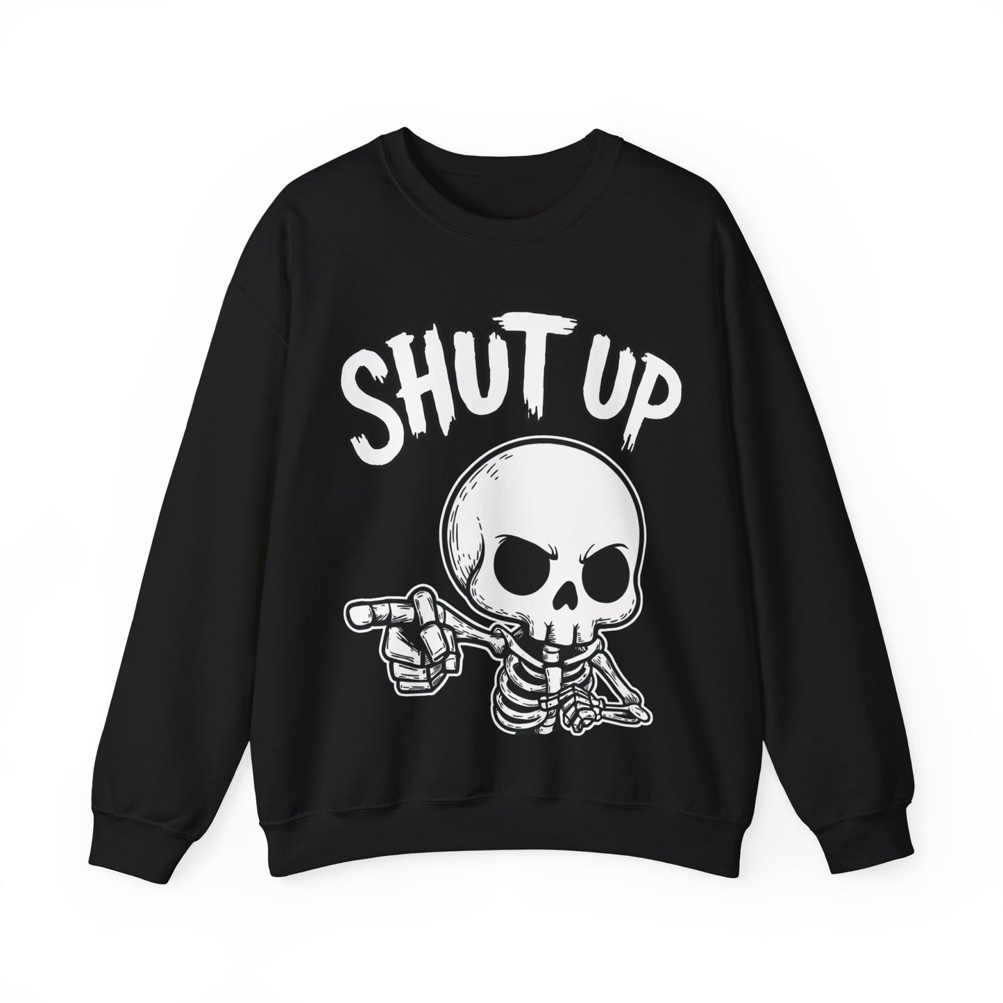 Dark gothic skeleton sweatshirt featuring furious skull pointing with “Shut Up” text – SkeletonWear Apparel spooky streetwear