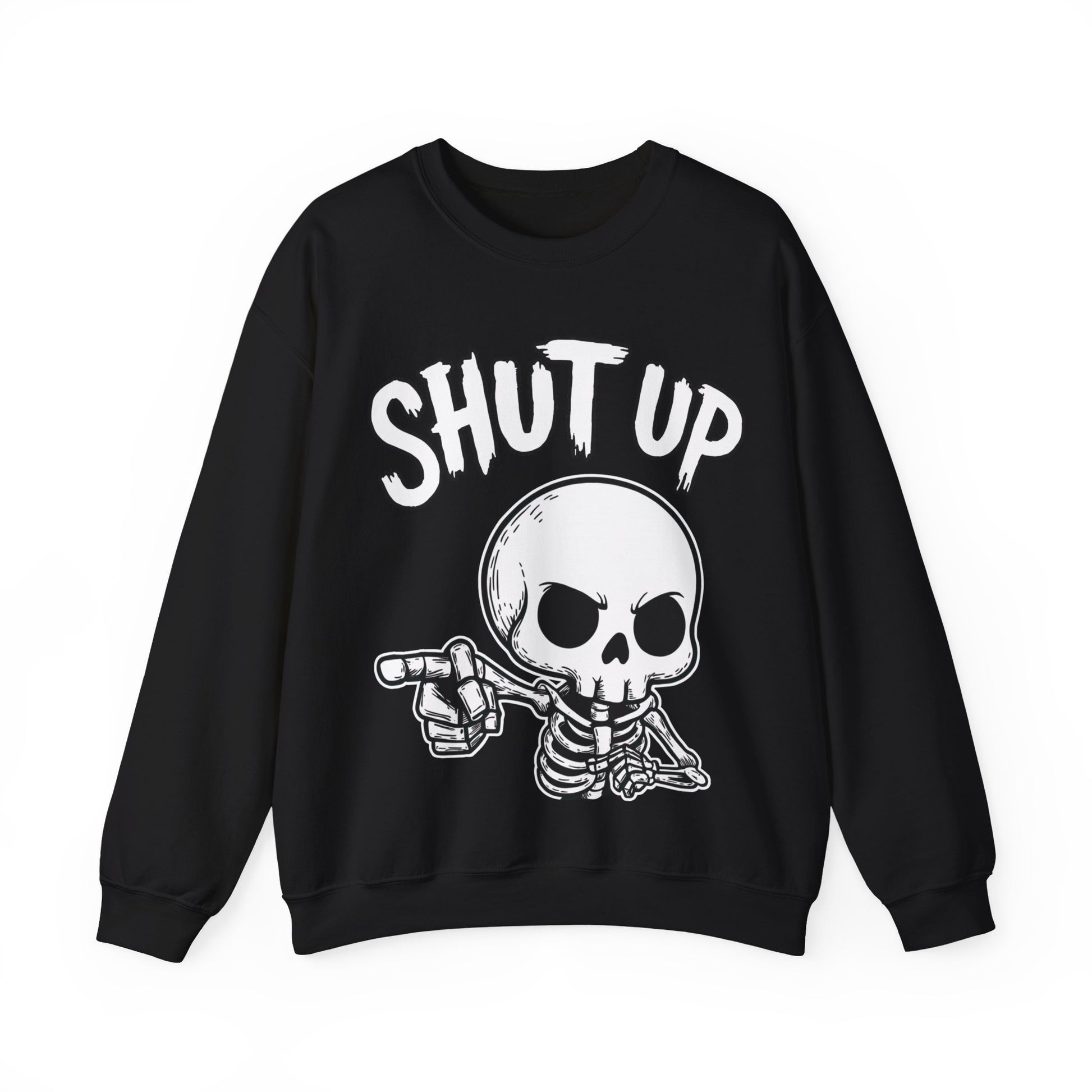Dark gothic skeleton sweatshirt featuring furious skull pointing with “Shut Up” text – SkeletonWear Apparel spooky streetwear