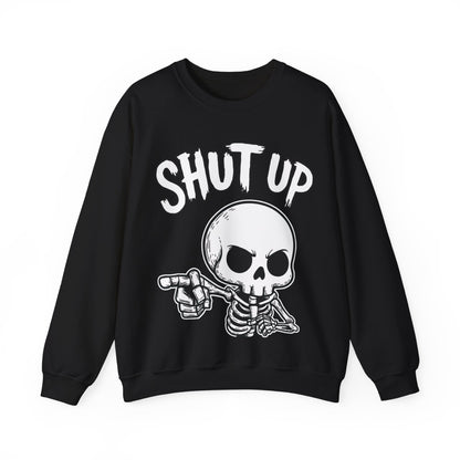 Dark gothic skeleton sweatshirt featuring furious skull pointing with “Shut Up” text – SkeletonWear Apparel spooky streetwear