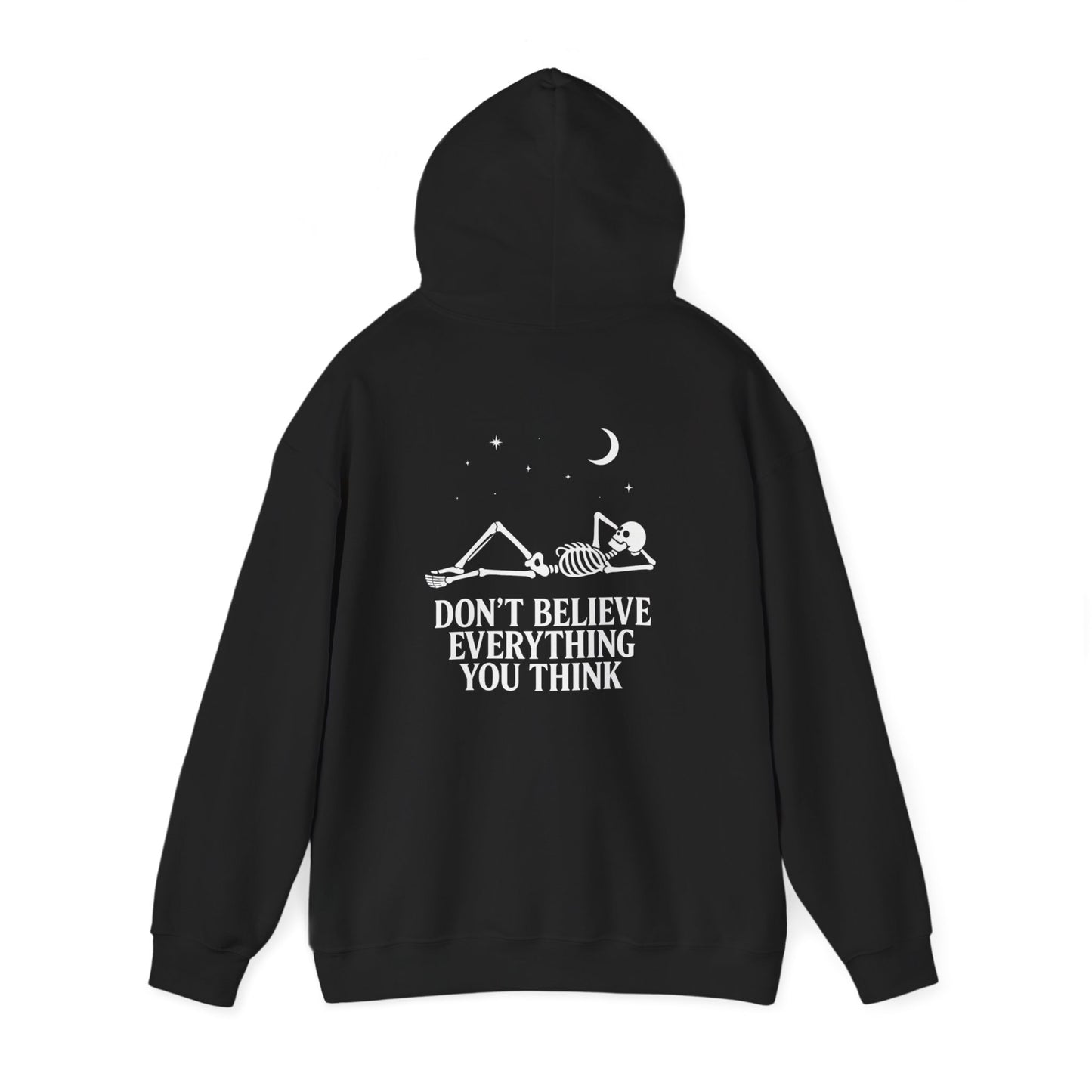 Minimalist skeleton silhouette hoodie with gothic quote “Don’t believe everything you think” under crescent moon and stars – SkeletonWear Apparel