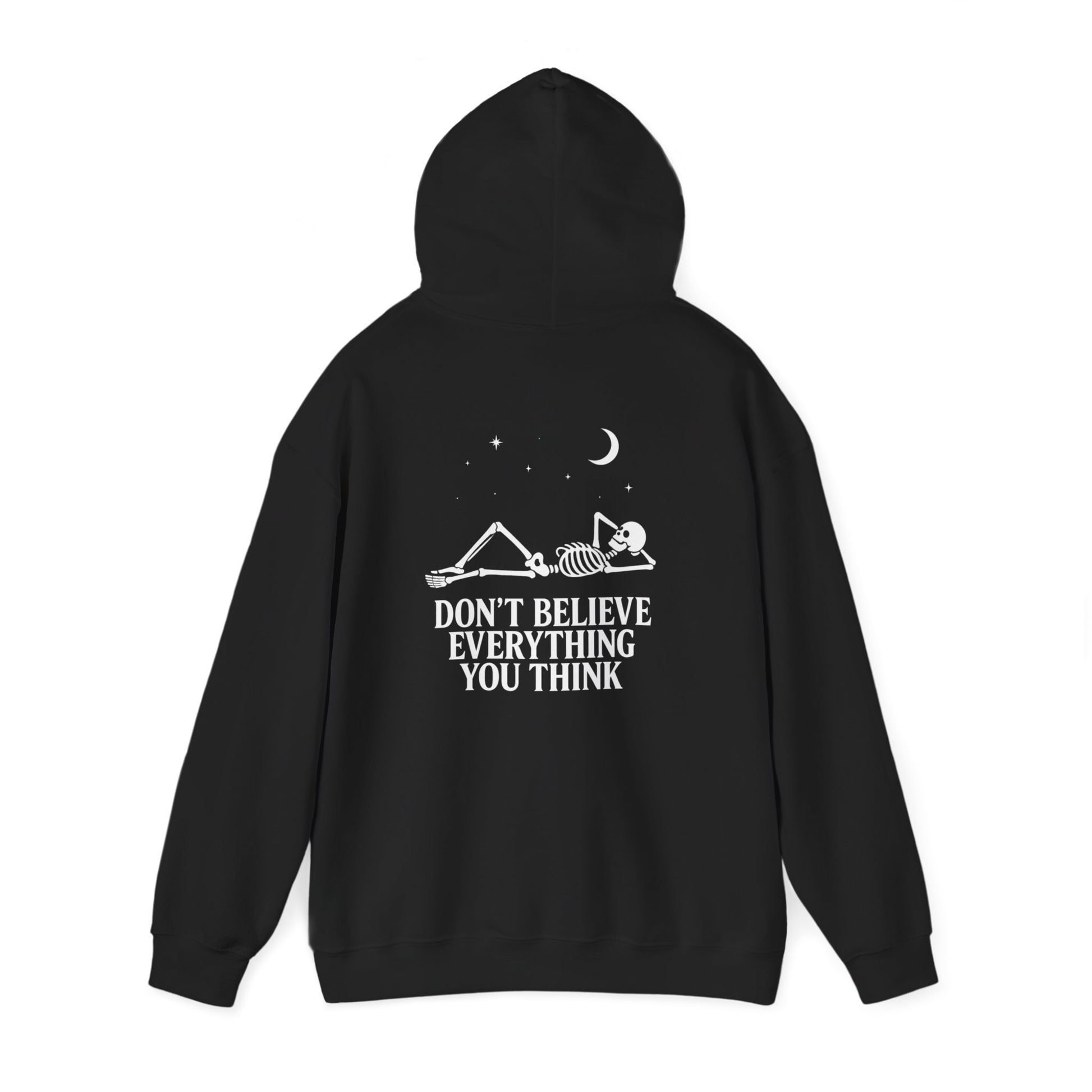 Minimalist skeleton silhouette hoodie with gothic quote “Don’t believe everything you think” under crescent moon and stars – SkeletonWear Apparel