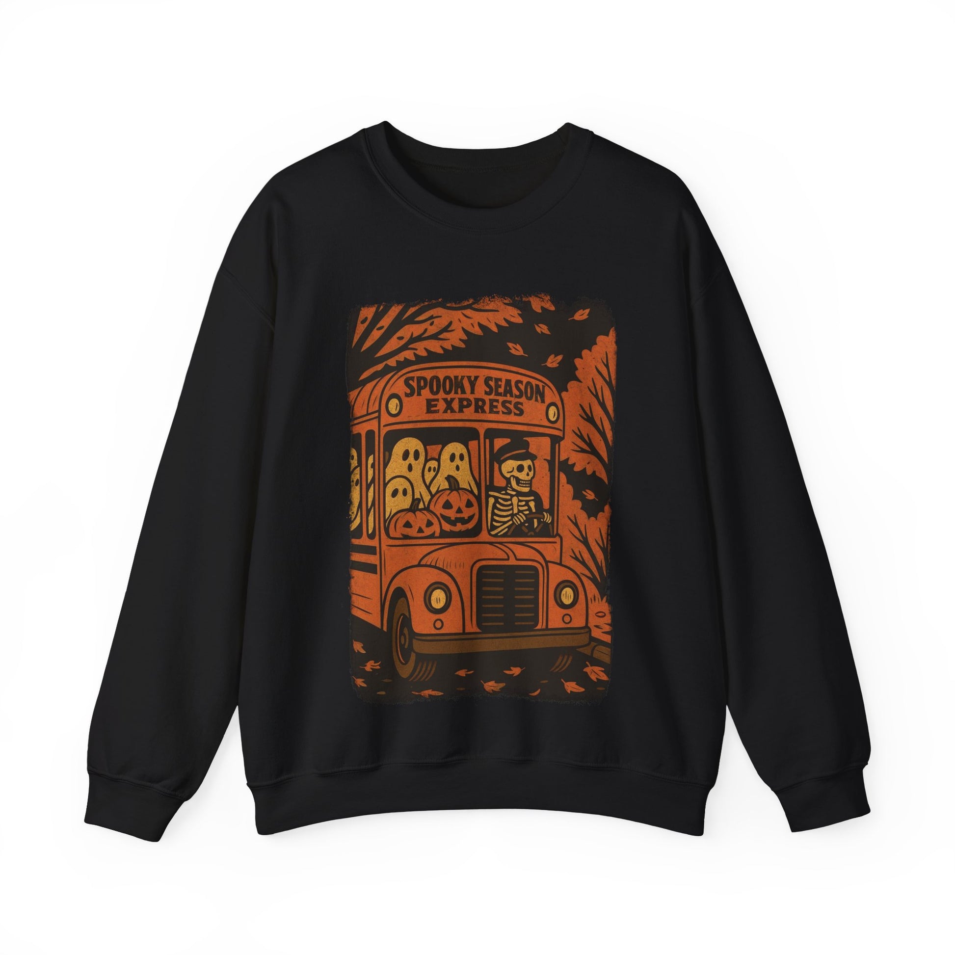 Vintage Halloween skeleton bus sweater with spooky season express design, ghosts, pumpkins, and retro orange school bus illustration by SkeletonWear Apparel
