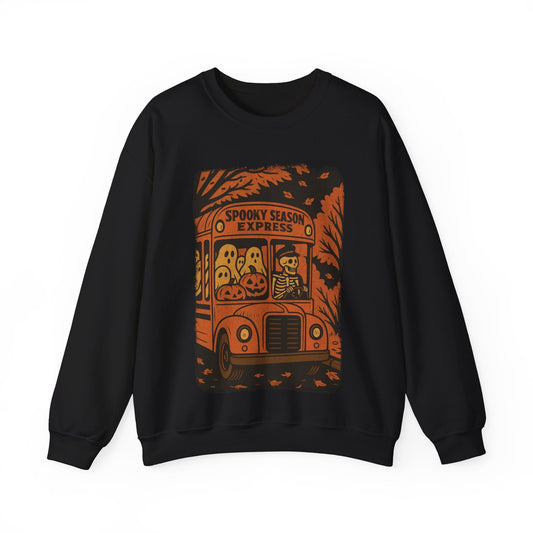 Vintage Halloween skeleton bus sweater with spooky season express design, ghosts, pumpkins, and retro orange school bus illustration by SkeletonWear Apparel