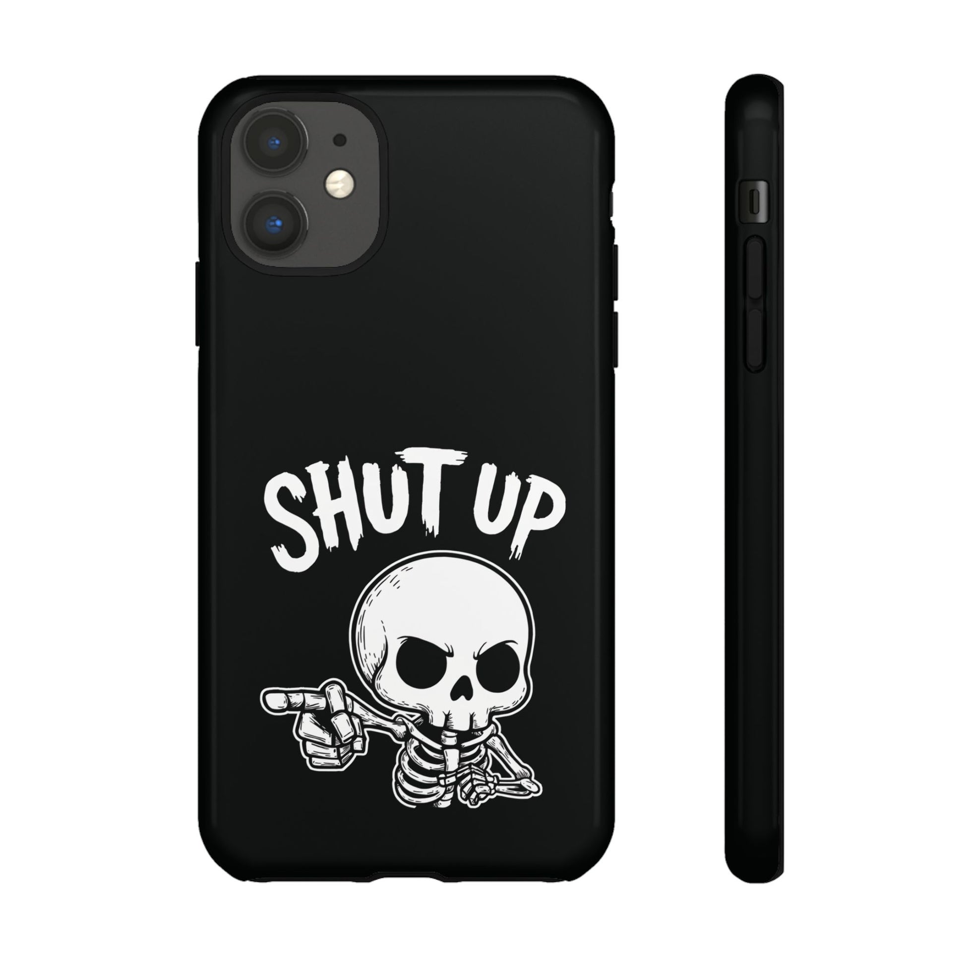 Glossy phone case with dark skeleton pointing and “Shut Up” text, fits iPhone & Samsung models – SkeletonWear Apparel gothic design