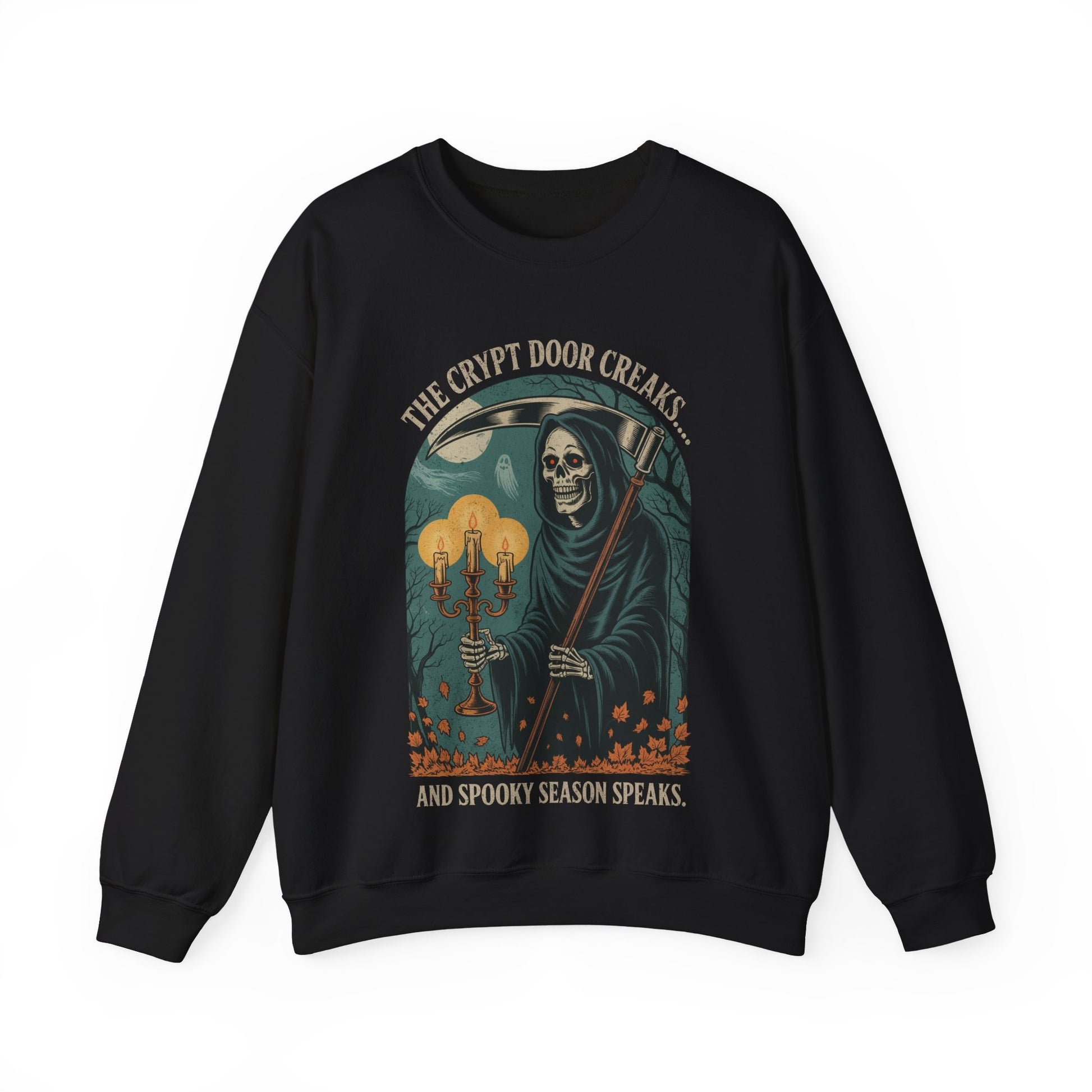 Vintage-style Grim Reaper Halloween sweatshirt with gothic woodcut design, glowing candles, spooky forest background, and sinister skeleton reaper.