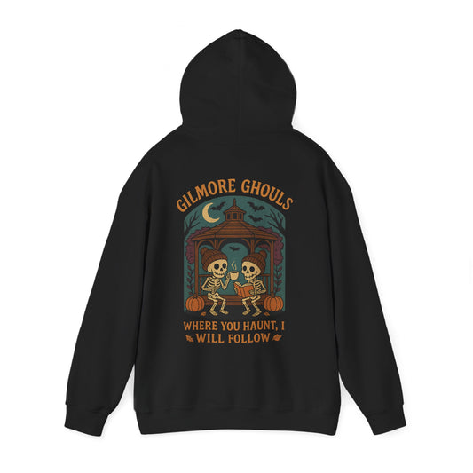Gilmore Ghouls skeleton hoodie with gazebo, pumpkins, coffee, and spooky autumn goth design by SkeletonWear Apparel