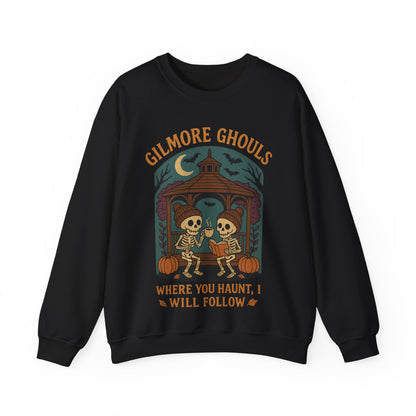 Gilmore Ghouls skeleton sweatshirt with gazebo, pumpkins, coffee, and autumn spooky goth design by SkeletonWear Apparel