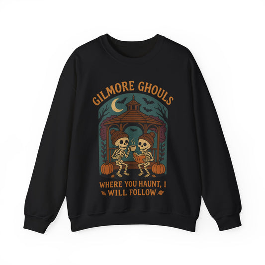 Gilmore Ghouls skeleton sweatshirt with gazebo, pumpkins, coffee, and autumn spooky goth design by SkeletonWear Apparel