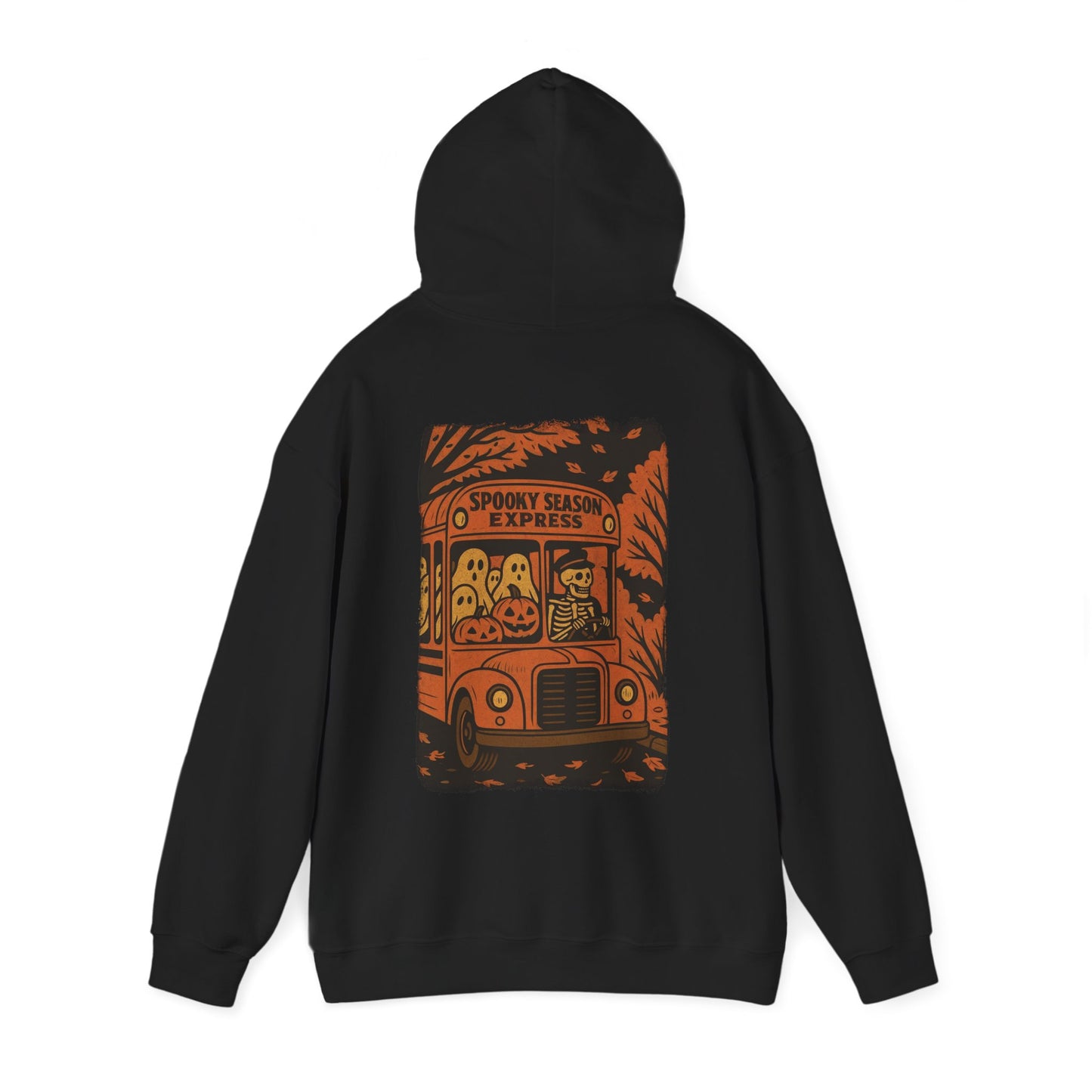 Vintage Halloween skeleton bus hoodie with spooky season express design, ghosts, pumpkins, and retro orange school bus illustration by SkeletonWear Apparel