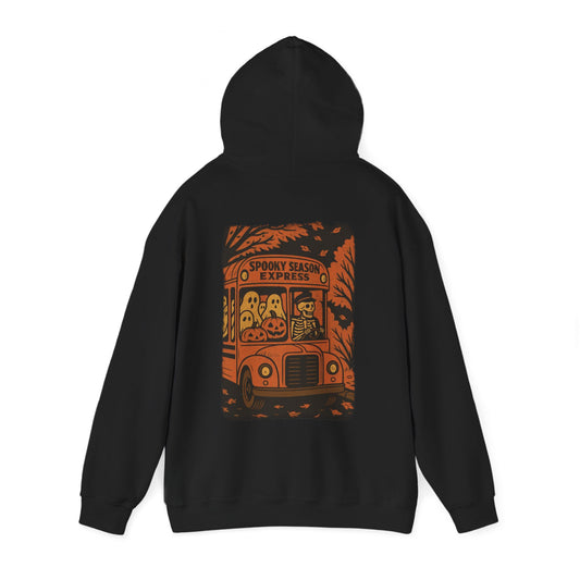 Vintage Halloween skeleton bus hoodie with spooky season express design, ghosts, pumpkins, and retro orange school bus illustration by SkeletonWear Apparel