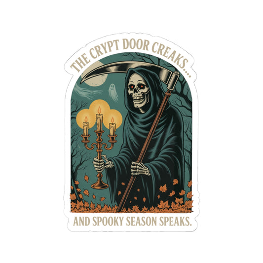 Vintage Grim Reaper Halloween sticker with gothic woodcut skeleton reaper, glowing candles, eerie forest, and spooky crescent moon illustration.