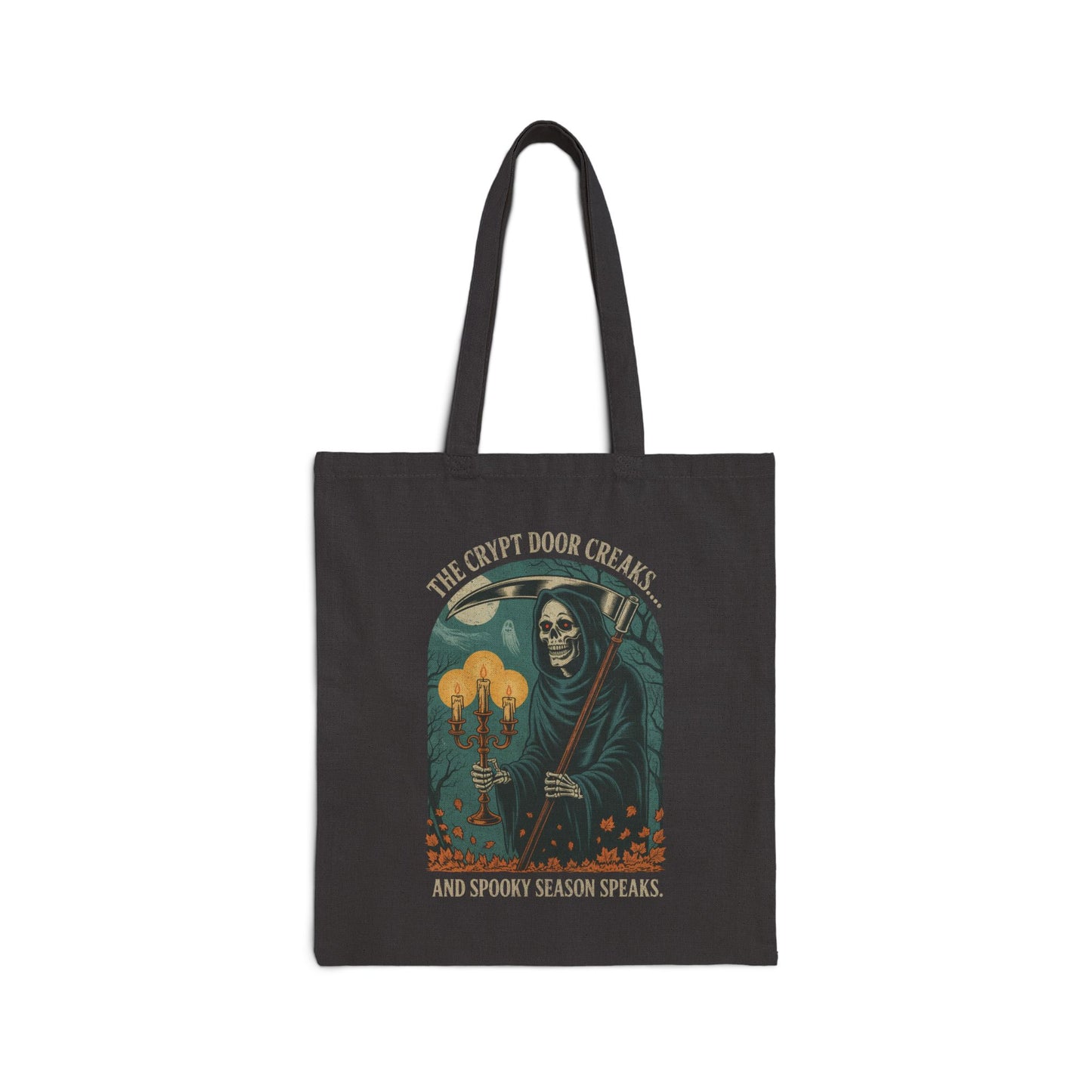 Vintage Grim Reaper Halloween tote bag with gothic woodcut skeleton reaper, glowing candles, eerie forest background, and spooky crescent moon design.