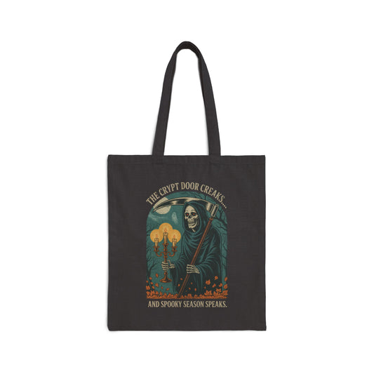 Vintage Grim Reaper Halloween tote bag with gothic woodcut skeleton reaper, glowing candles, eerie forest background, and spooky crescent moon design.