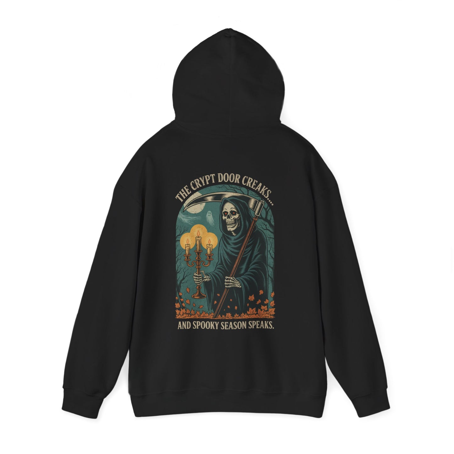 Vintage-style Grim Reaper Halloween hoodie with gothic woodcut artwork, glowing candles, eerie moonlit forest, and sinister skeleton reaper design.