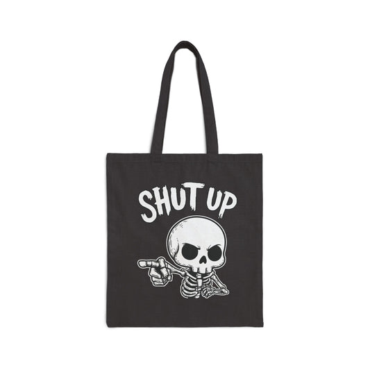 Gothic skeleton tote bag featuring furious skull pointing with “Shut Up” text – SkeletonWear Apparel dark streetwear accessory