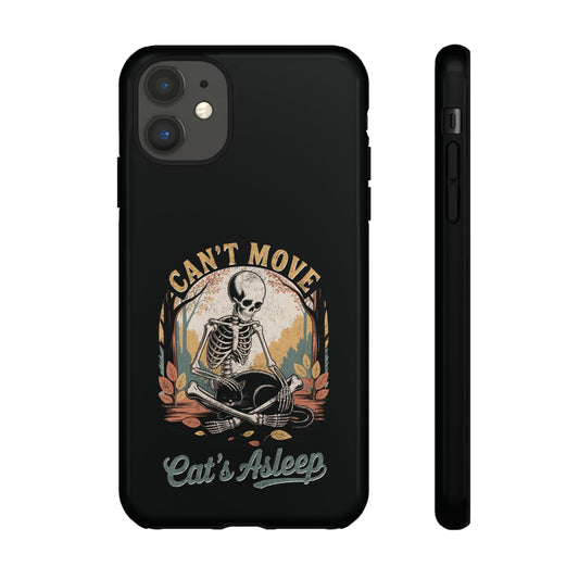 Relaxed skeleton cradling black cat with eyes closed – gothic fall phone case for iPhone & Android by SkeletonWear Apparel