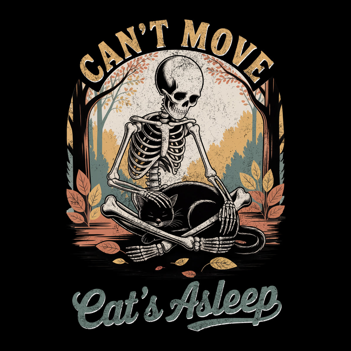 Relaxed skeleton cradling black cat with eyes closed – cozy gothic fall T-shirt by SkeletonWear Apparel