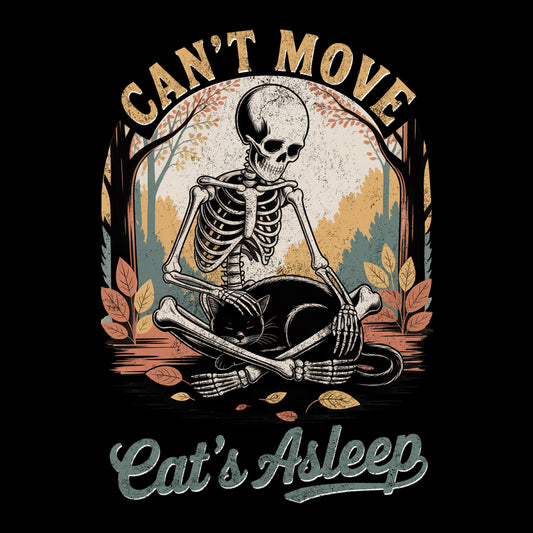Relaxed skeleton cradling black cat with eyes closed – cozy gothic fall T-shirt by SkeletonWear Apparel