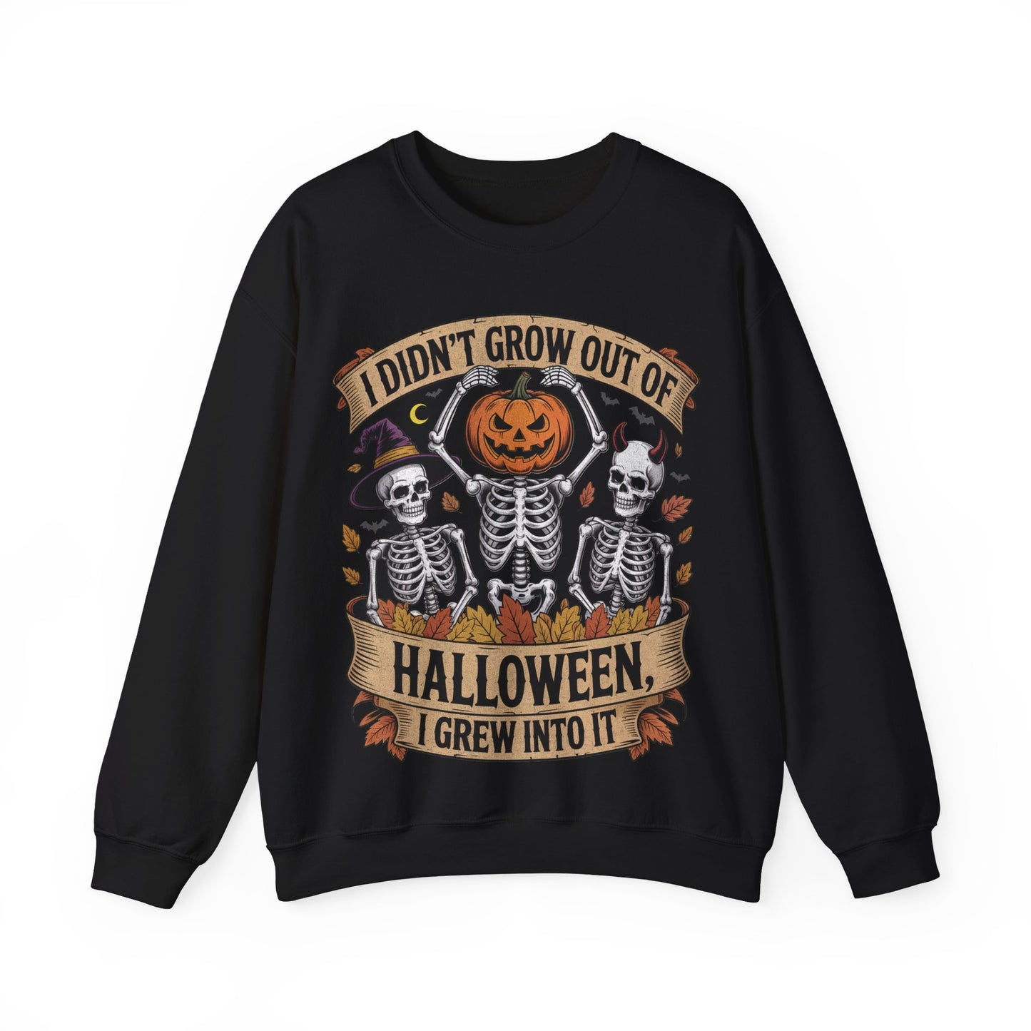 Skeletons with pumpkin, witch hat, and devil horns under banner ‘I Didn’t Grow Out of Halloween, I Grew Into It’ – SkeletonWear Apparel Halloween sweatshirt design
