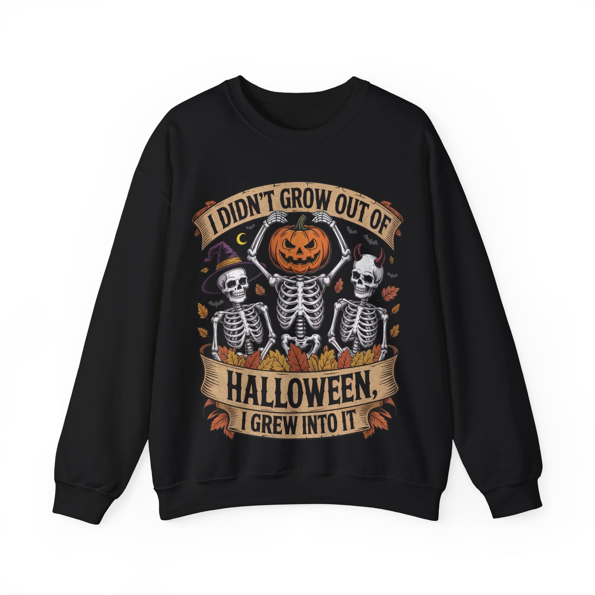 Skeletons with pumpkin, witch hat, and devil horns under banner ‘I Didn’t Grow Out of Halloween, I Grew Into It’ – SkeletonWear Apparel Halloween sweatshirt design