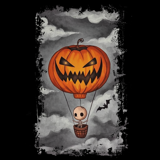 Whimsical Halloween hot air balloon made from a carved jack-o’-lantern with glowing eyes, carrying a cute skeleton rider against a moody cloudy sky