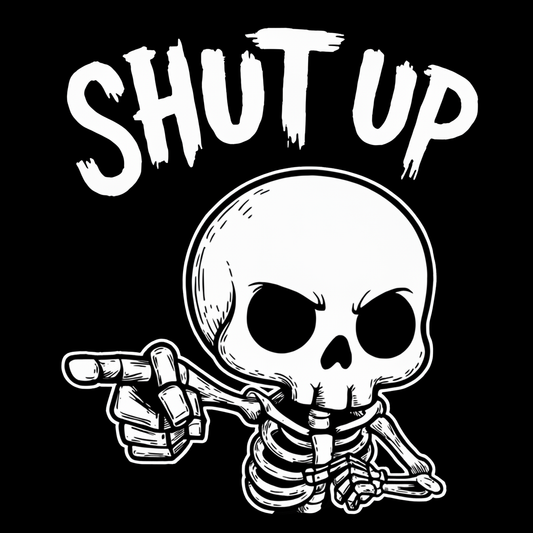 Dark edgy skeleton graphic t-shirt with furious skull pointing and "Shut Up" text – SkeletonWear Apparel gothic streetwear design